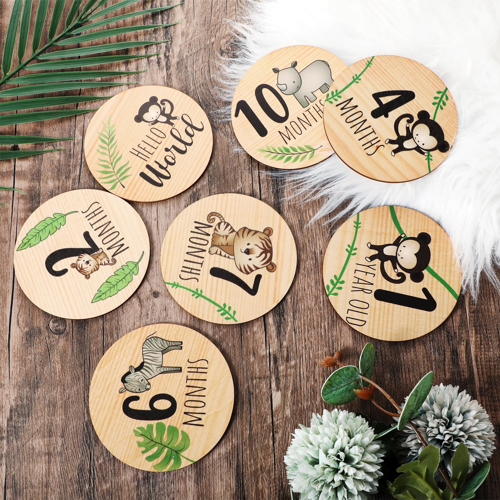 Wooden milestone discs with animal illustrations and months/year