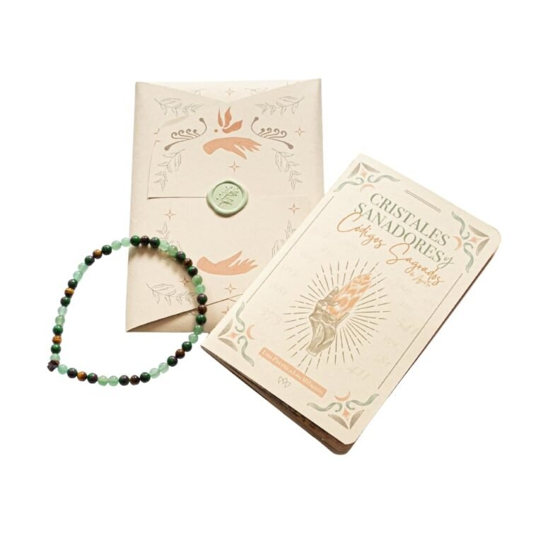 Bracelet, book, and envelope with spiritual design on a white background