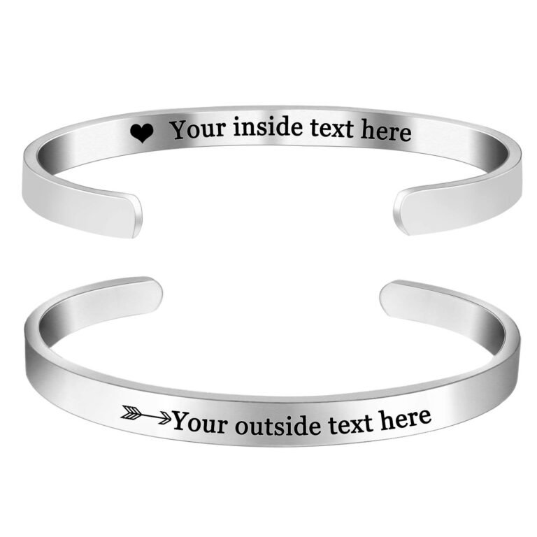Two silver bracelets with customizable text, one with a heart and arrow