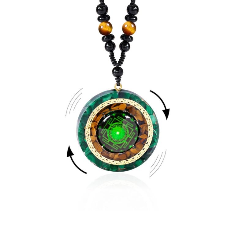 Green and gold pendant necklace with a glowing center, rotating arrows