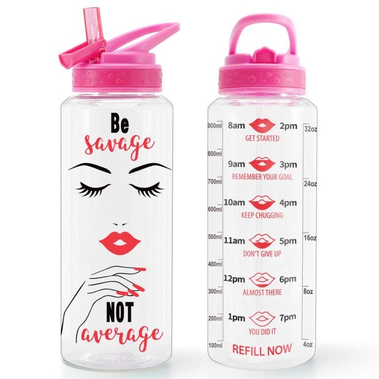 Two pink water bottles with motivational quotes and time markers