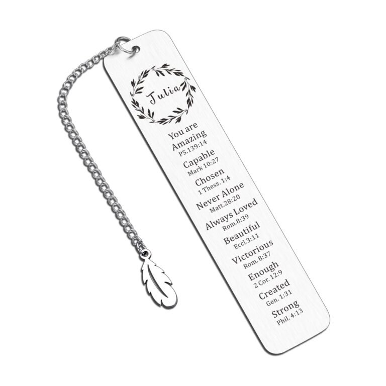Silver bookmark with chain, feather charm, and inspirational words