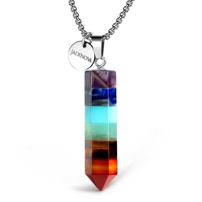A colorful chakra pendant necklace with a silver chain and Jadenova tag