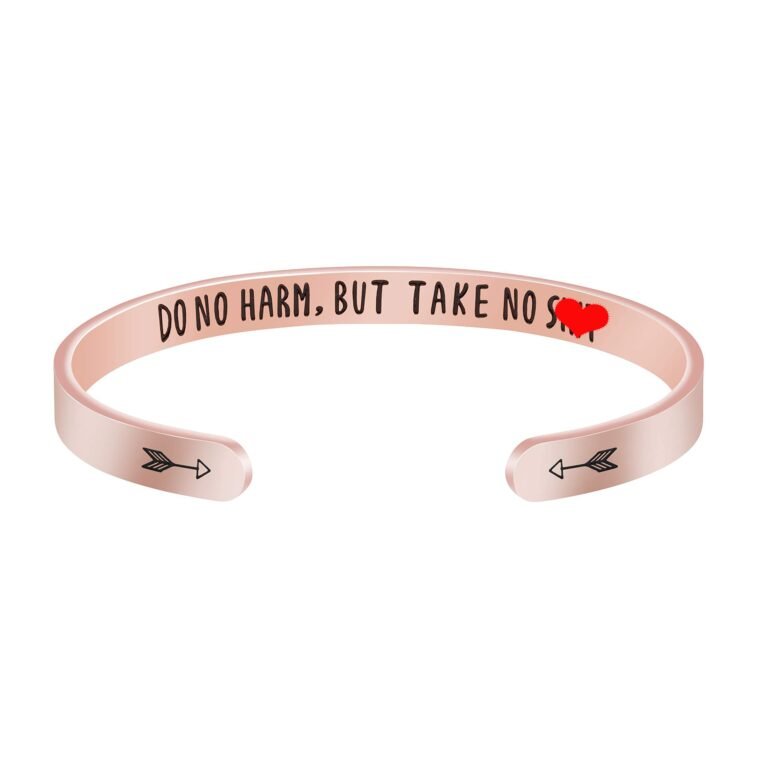 Rose gold bracelet with "Do no harm, but take no shit" and arrows