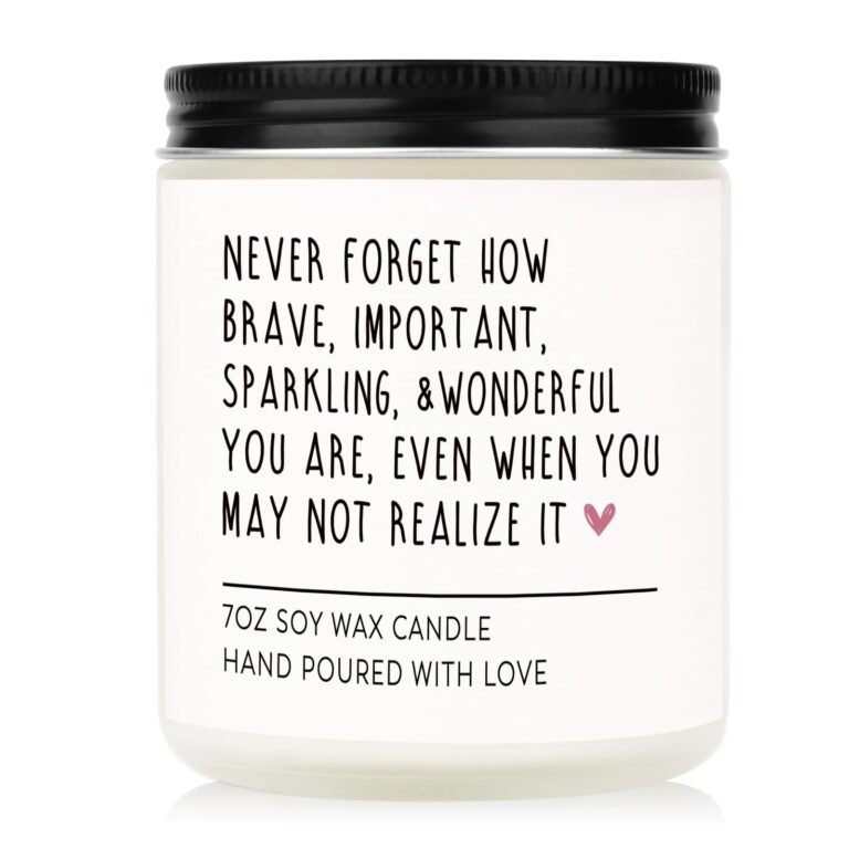 White candle with black lid, text reads "Never forget how brave, important, sparkling..."