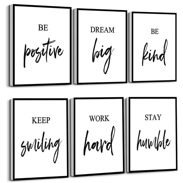Six framed motivational posters with black text on white backgrounds