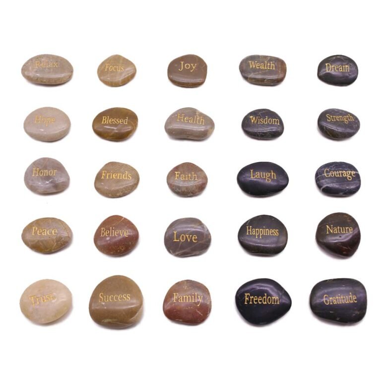 Twenty-five stones with positive words engraved in gold lettering