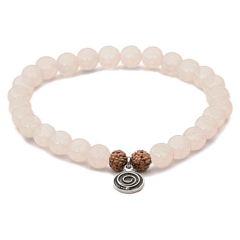 Rose quartz bead bracelet with brown beads and spiral charm