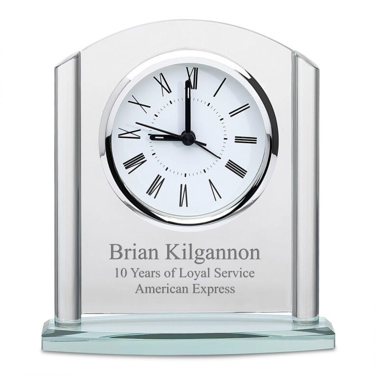 Glass desk clock with Roman numerals, engraved with a name and service