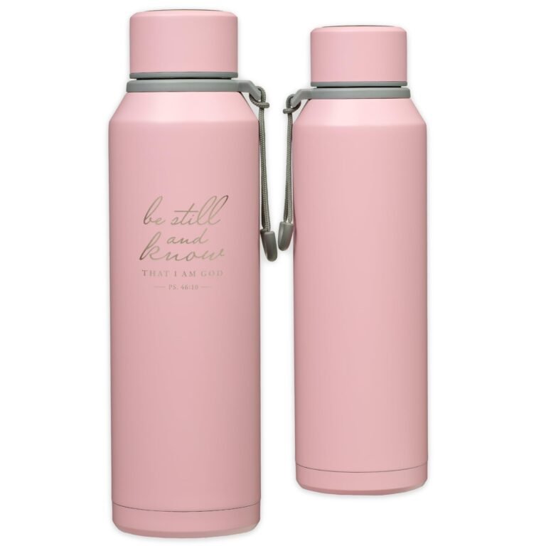 Two pink water bottles with "Be Still and Know" scripture