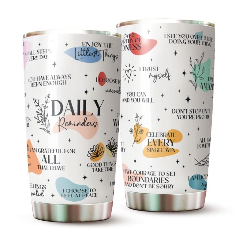 Two white tumblers with positive affirmations and inspirational quotes