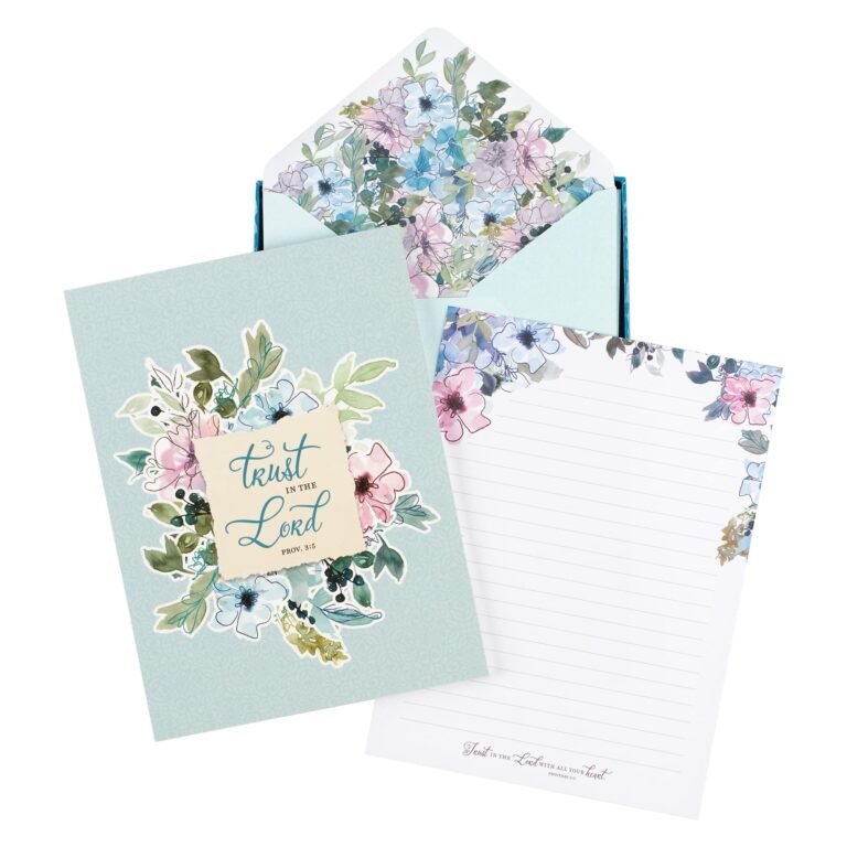 Floral stationery set with card, lined paper, and envelope. "Trust in the Lord."