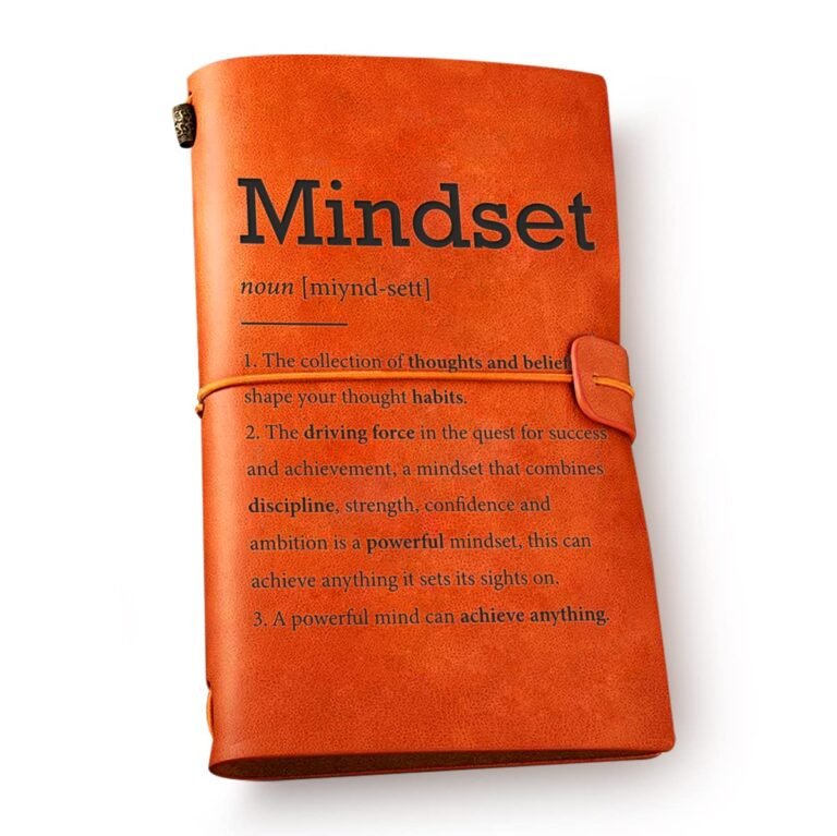 Orange leather journal with "Mindset" definition and motivational text