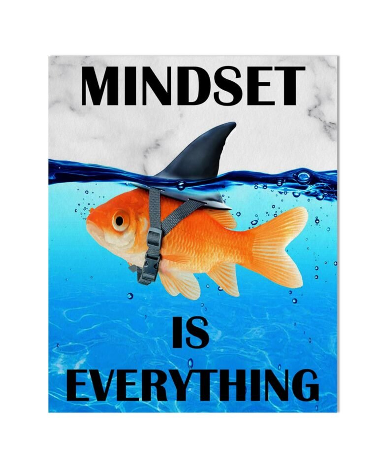 Goldfish with shark fin and harness, text "Mindset is Everything"