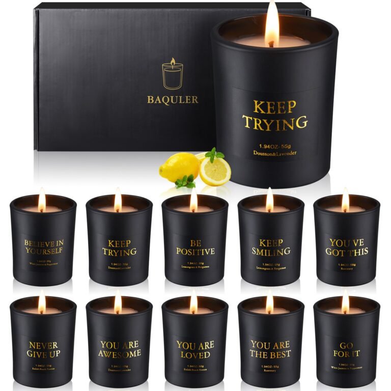 Black candle set with inspirational quotes, lemons, and a gift box