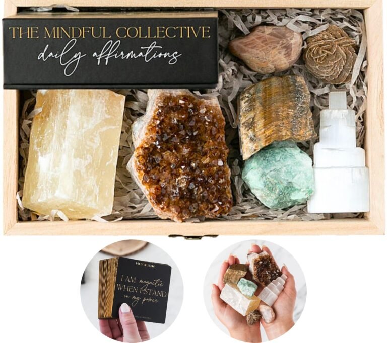 Wooden box with crystals, affirmation cards, and "The Mindful Collective" label