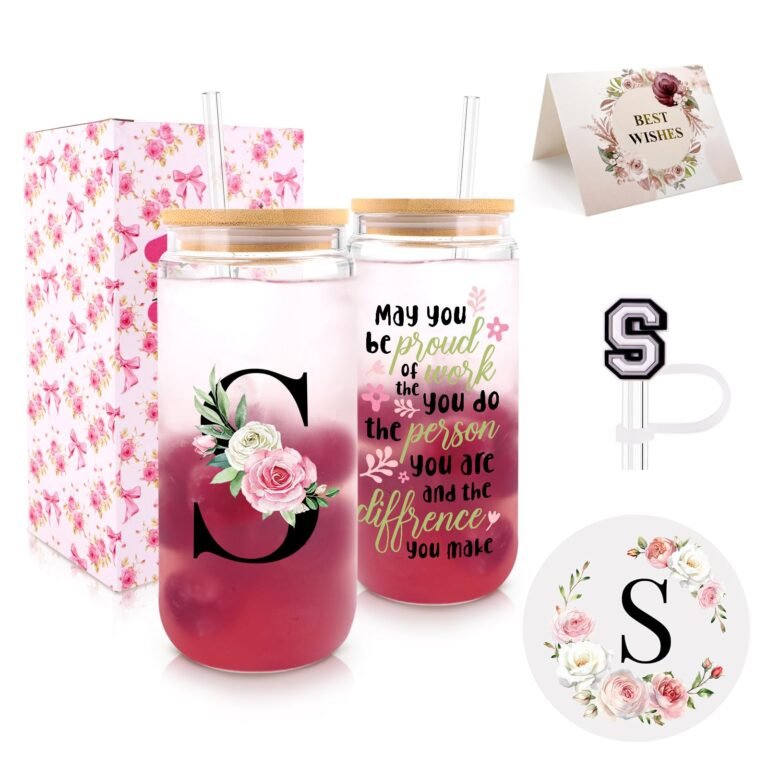 Gift set with floral-decorated glass tumblers, gift box, and greeting card