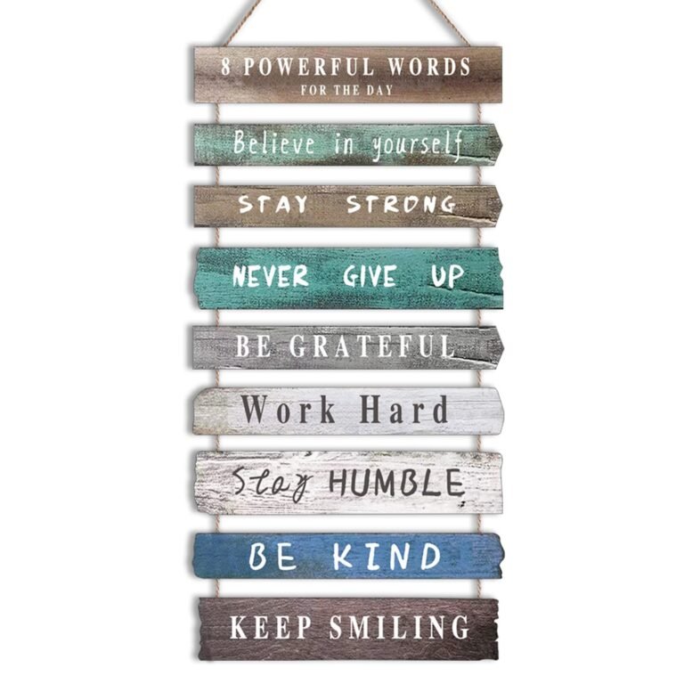 Wooden sign with eight inspirational phrases hanging by rope