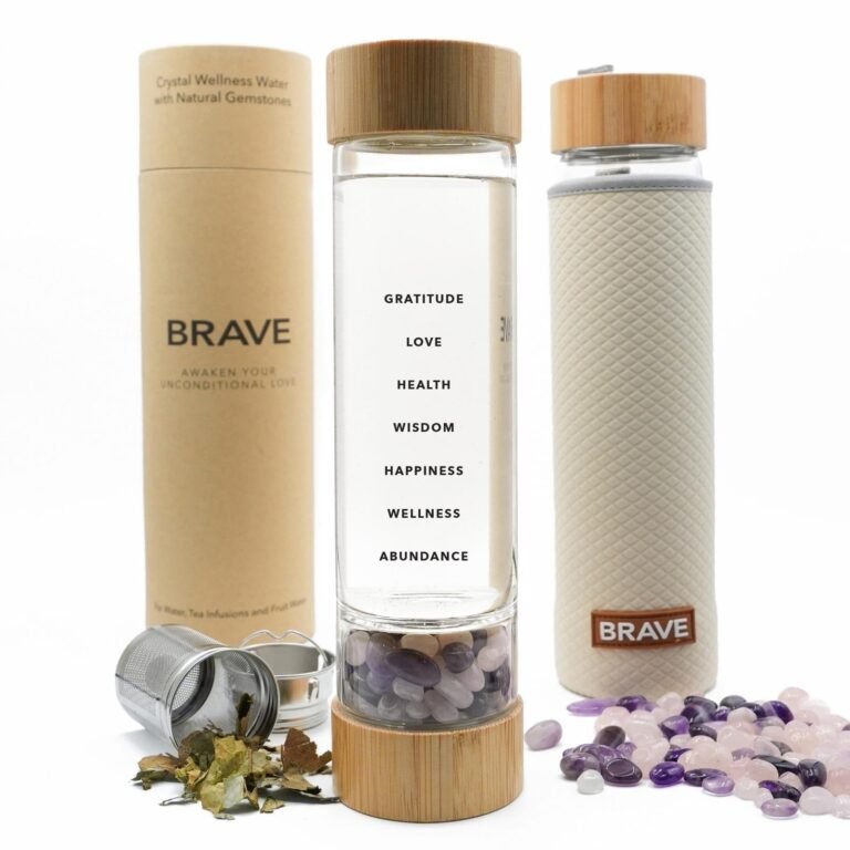 Crystal wellness water bottle with gemstones, tea infuser, and "Brave" branding