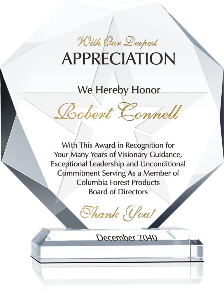 Crystal award honoring Robert Connell for service on the Board of Directors