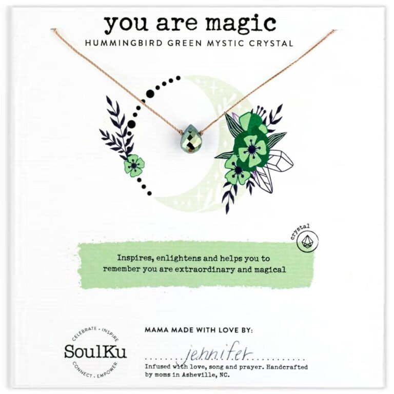 Necklace card with "you are magic" and a green crystal pendant