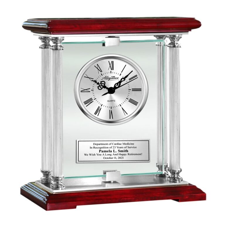 Clock retirement gift with silver face, Roman numerals, and engraved plaque