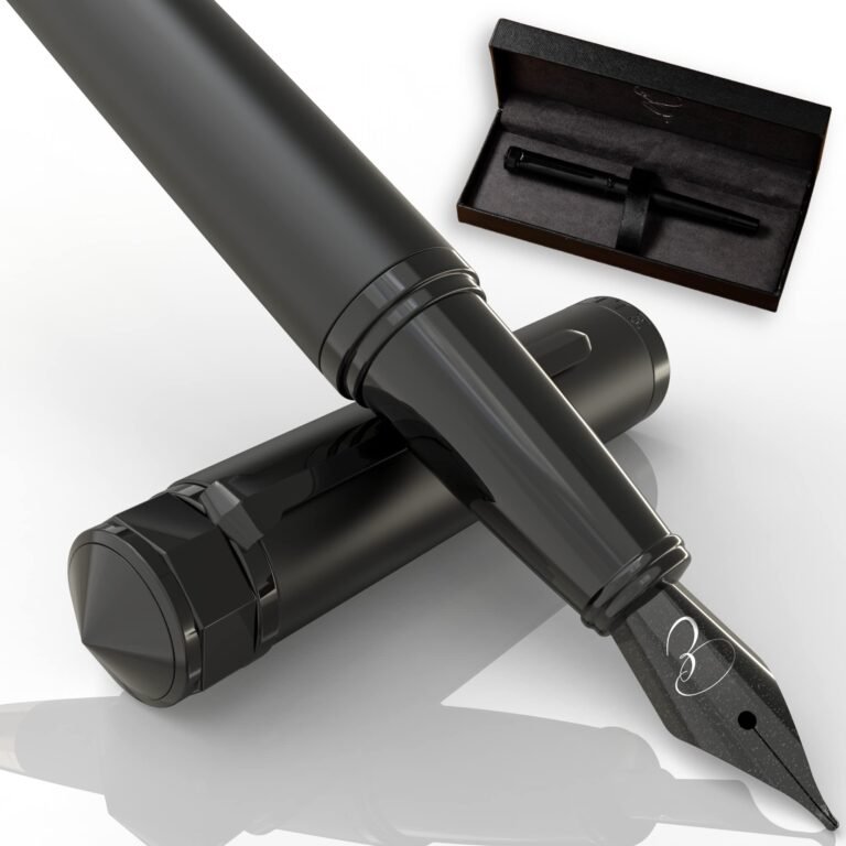 Black fountain pen with open case on a white background
