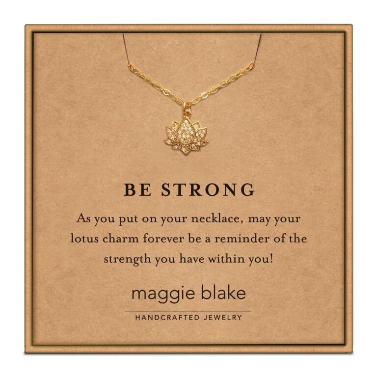 Gold lotus charm necklace on a card with "Be Strong" message