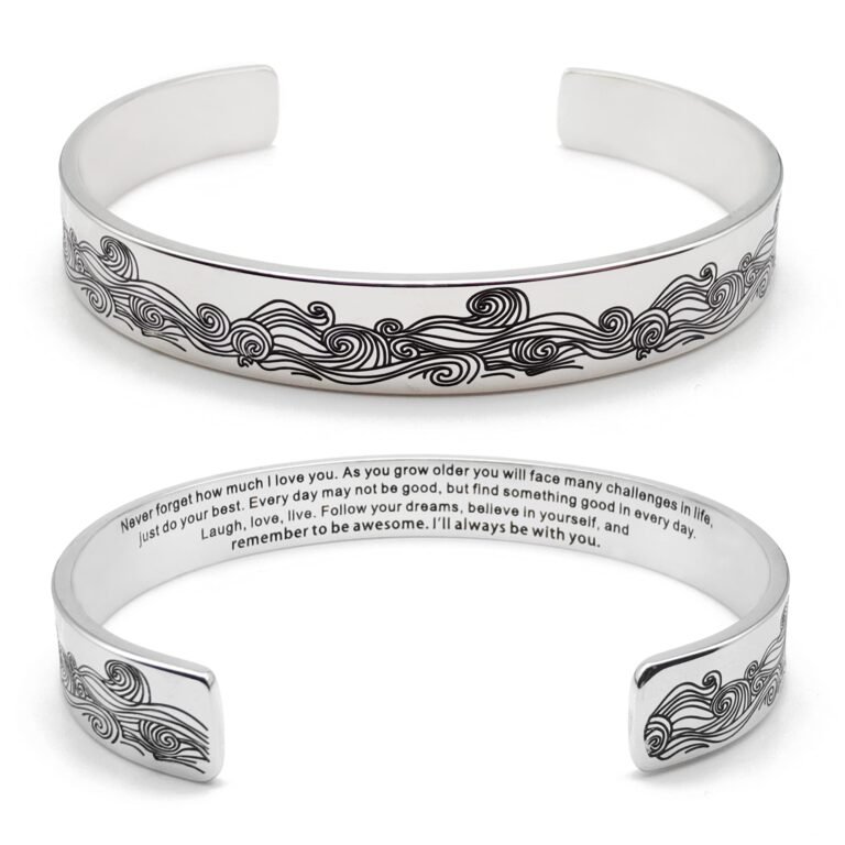 Two silver bracelets with wave designs and inspirational text