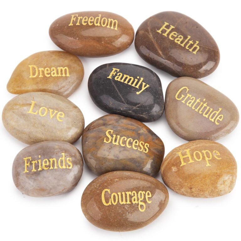 Nine stones with inspirational words like "Family", "Health", and "Success"