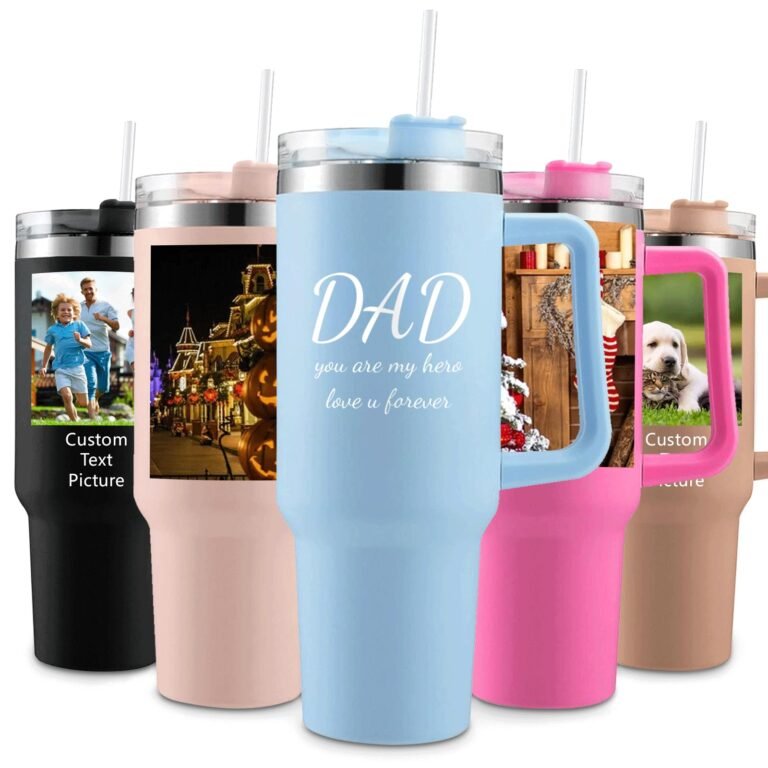 Five personalized tumblers with pictures and text, each with a straw