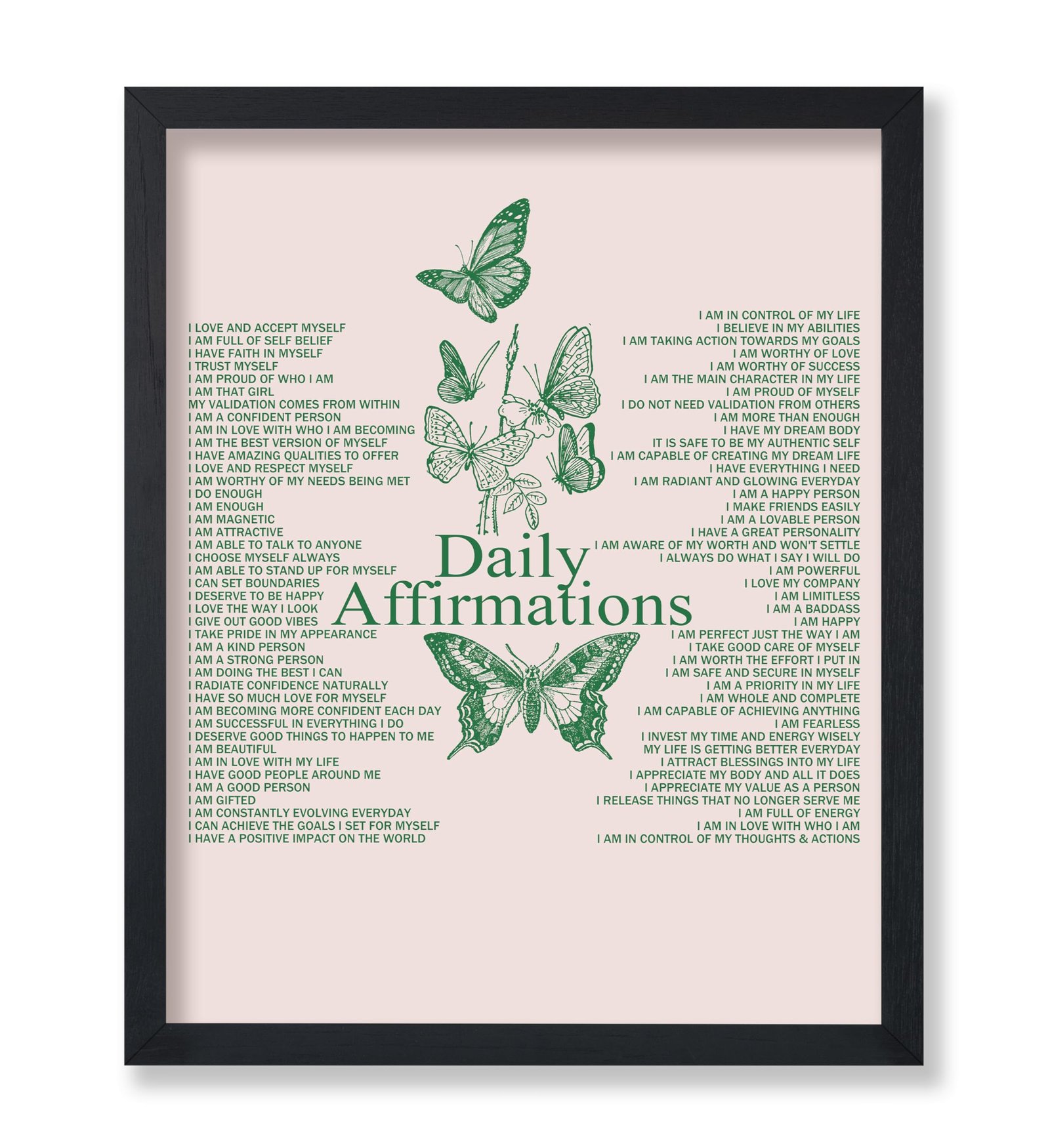 Framed print with "Daily Affirmations" text and green butterfly illustrations