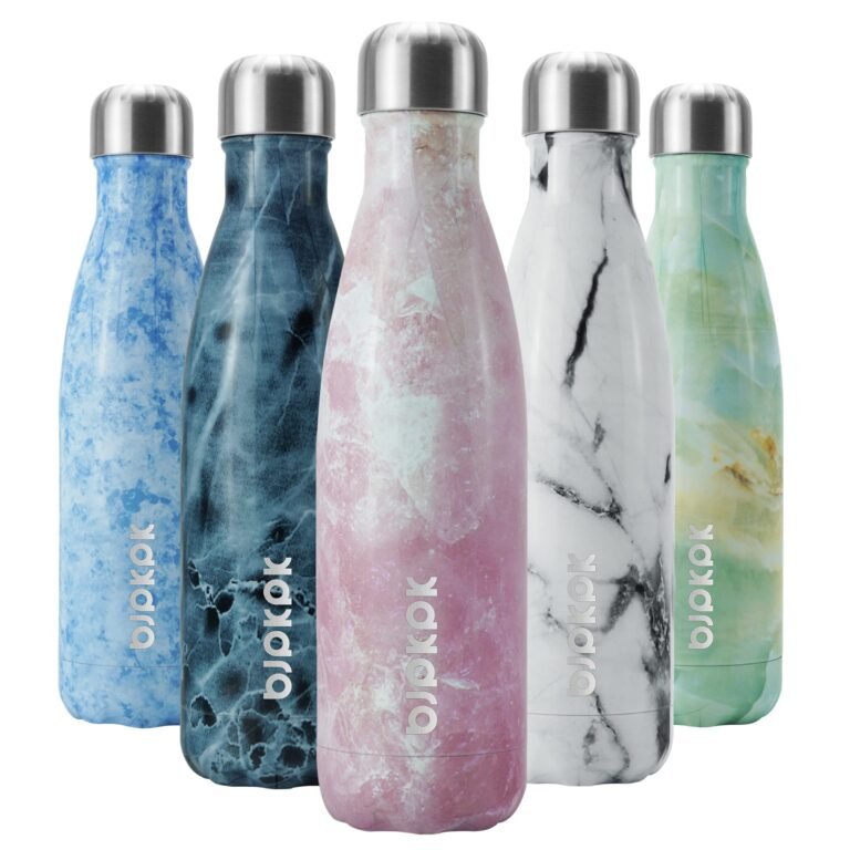 Five marble-patterned water bottles with silver lids, arranged in a row