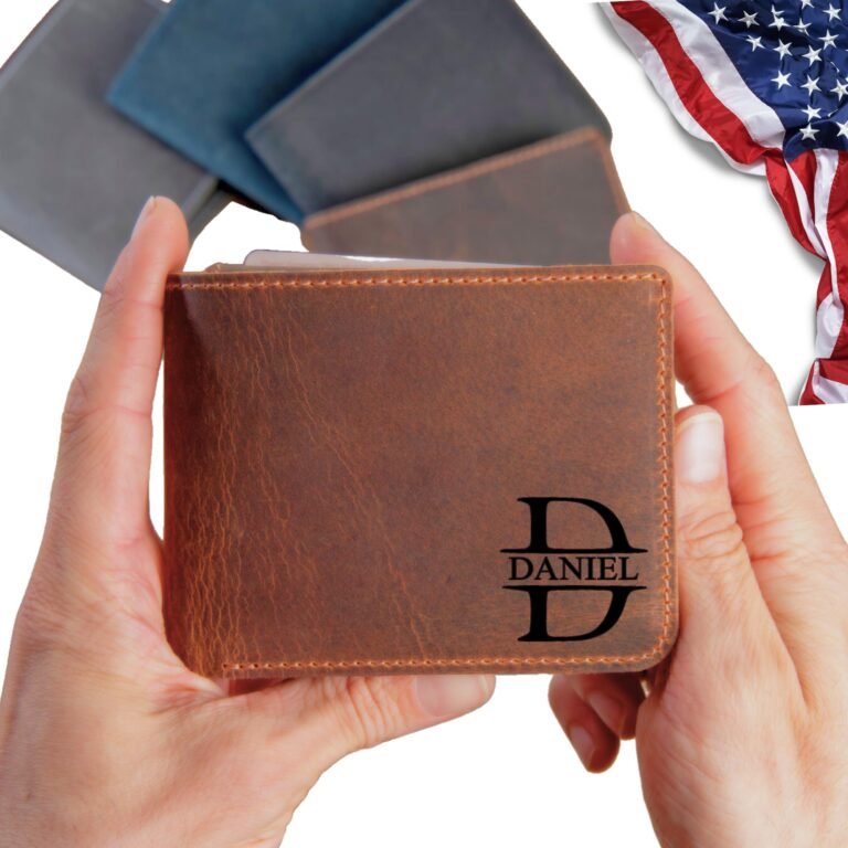 Brown leather wallet with "DANIEL" and American flag in the background