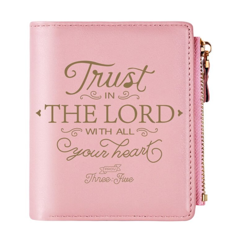 Pink wallet with "Trust in the Lord" scripture quote in gold lettering