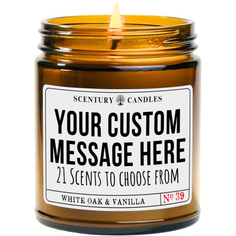 Lit candle in a brown glass jar with a custom message label