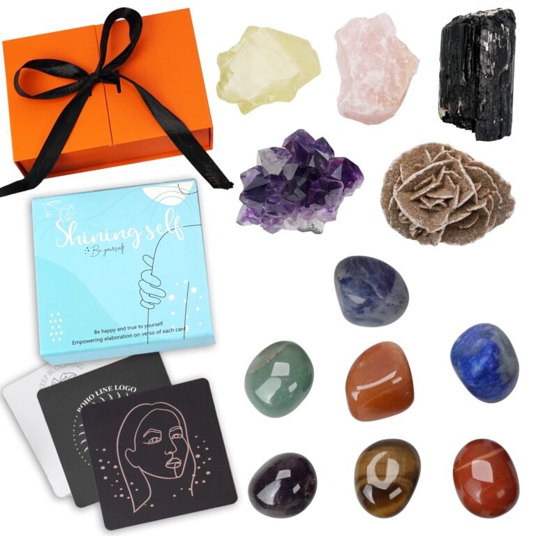 Orange gift box, crystals, "Shining Self" cards, and other decorative items