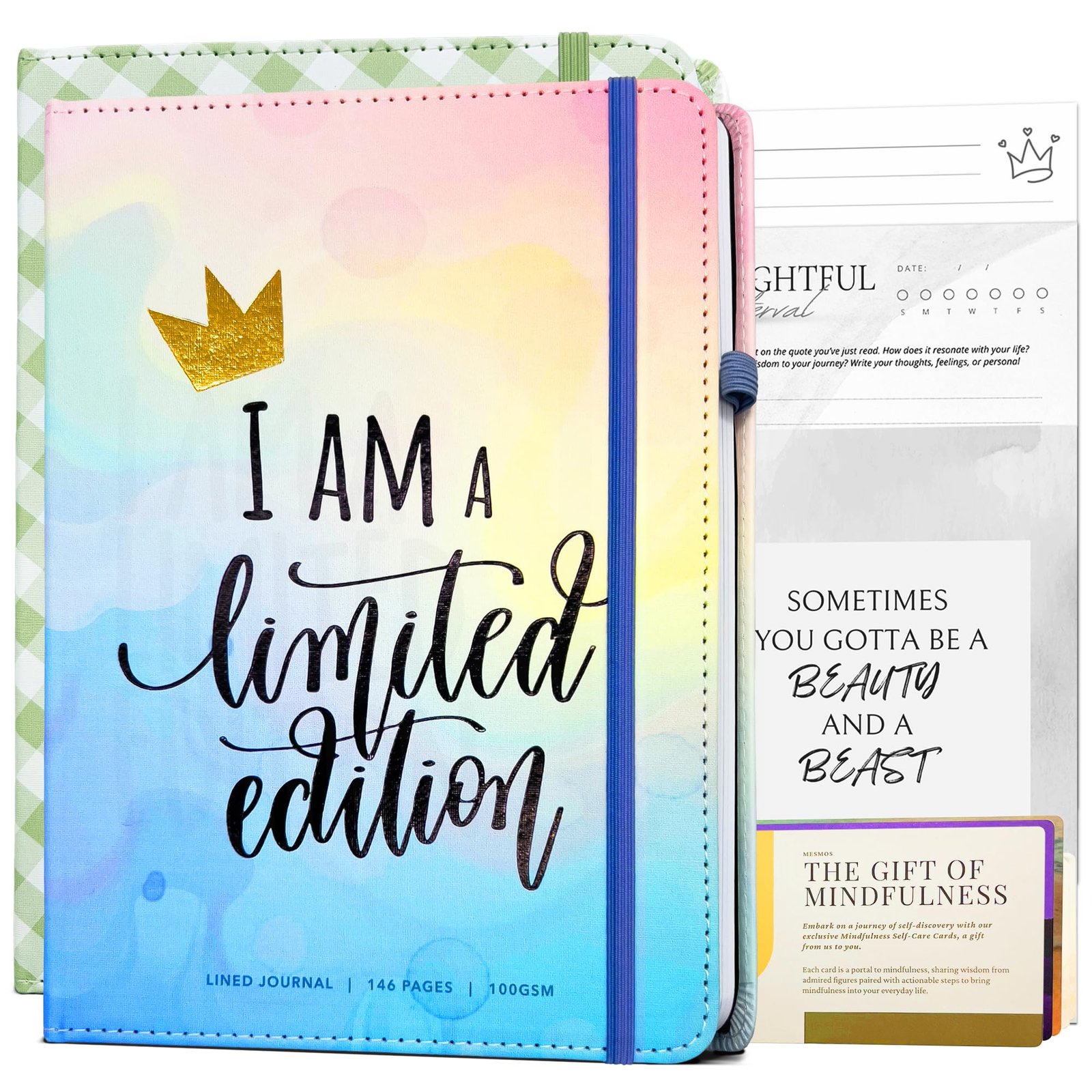 Notebook with "I Am a Limited Edition" on cover, with cards and journal pages