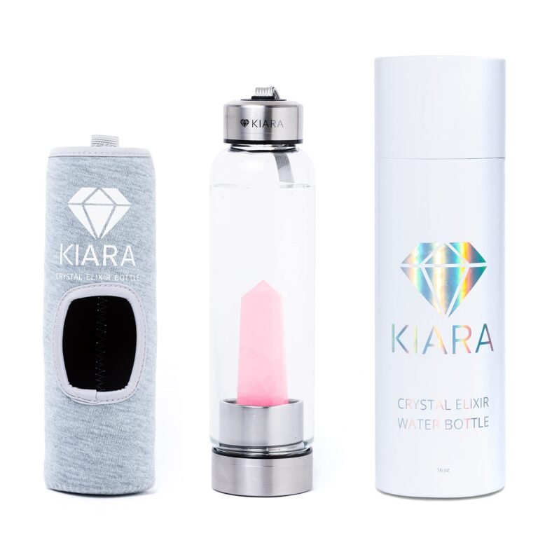 Kiara crystal elixir water bottle with pink crystal and sleeve