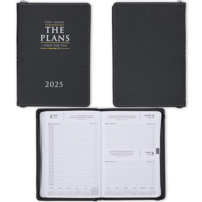 Black 2025 planner with "The Plans" quote and daily calendar pages