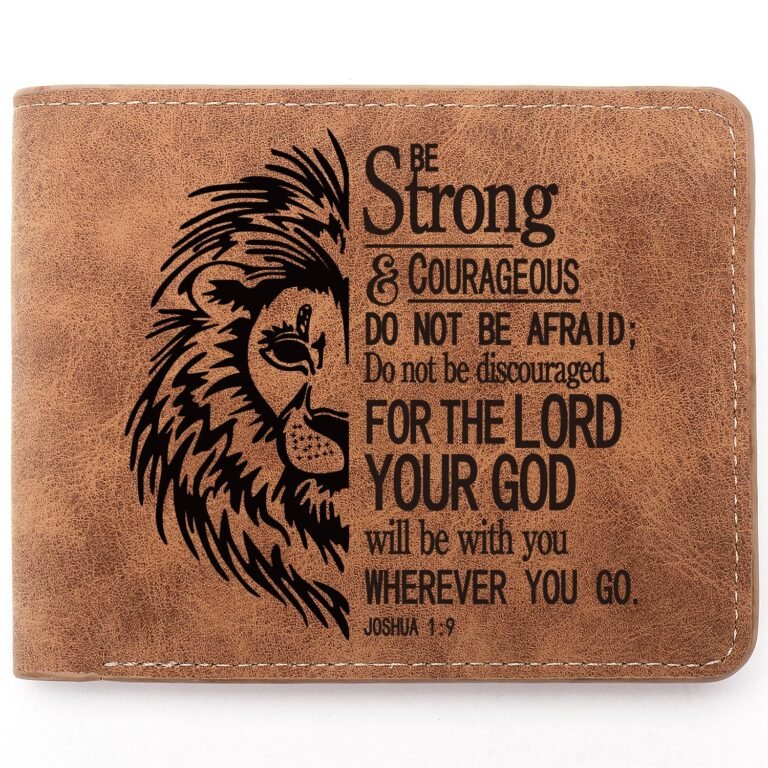 Brown leather wallet with lion graphic and inspirational Bible verse