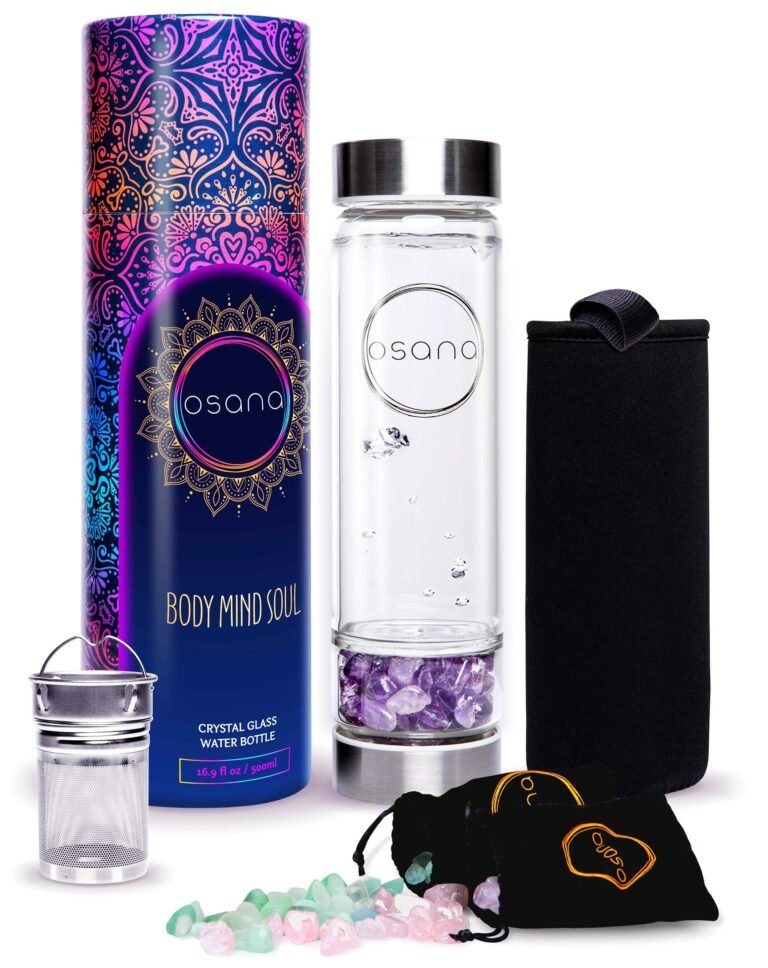 Crystal glass water bottle with amethyst crystals, accessories, and packaging