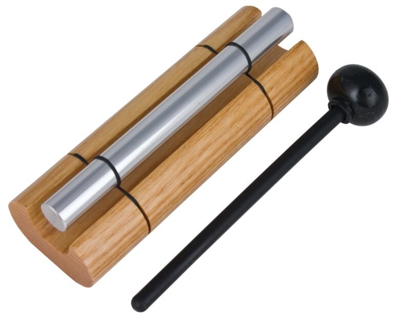 A wooden wind chime with a silver bar and black mallet