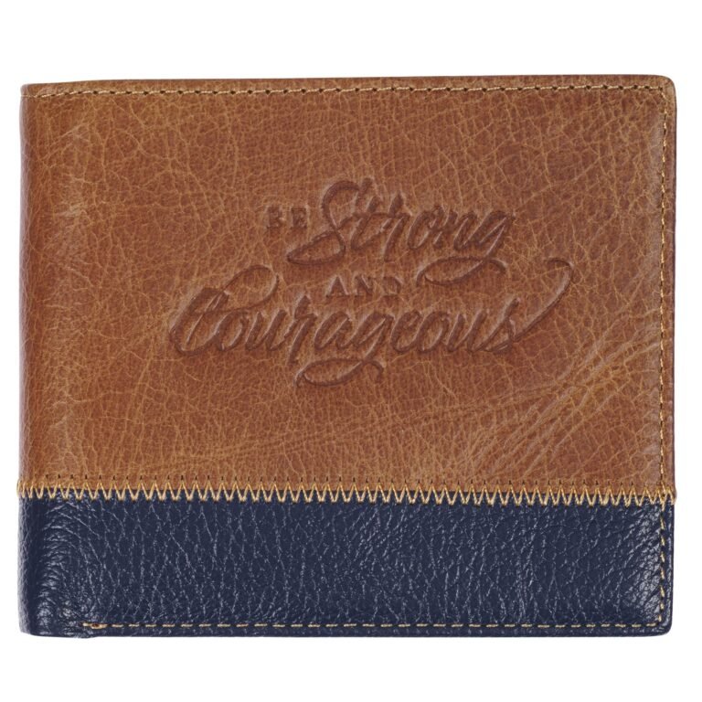 Brown and blue leather wallet with "Be Strong and Courageous" embossed on it