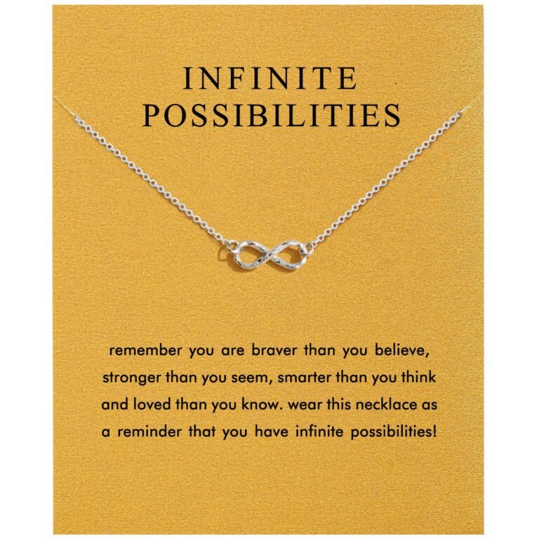 Silver infinity necklace on a card with the words "Infinite Possibilities"