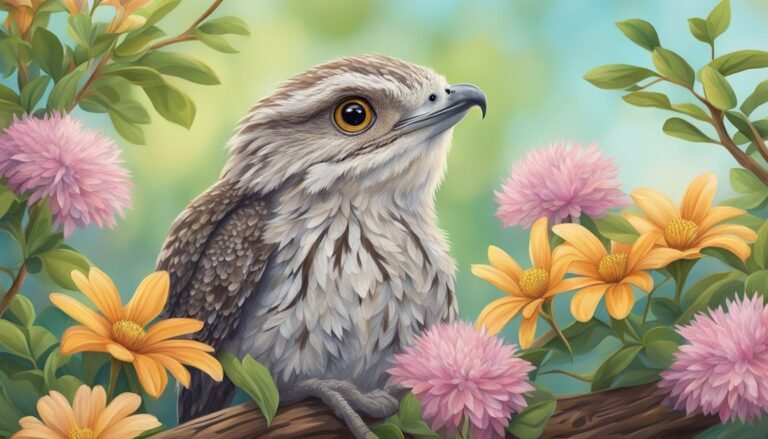 A bird with brown and white feathers, surrounded by flowers and foliage