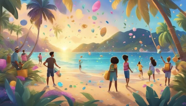 People on a beach with palm trees, confetti, and a sunset