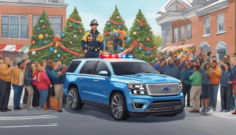 Firefighter on police SUV, Christmas trees, and crowd of people