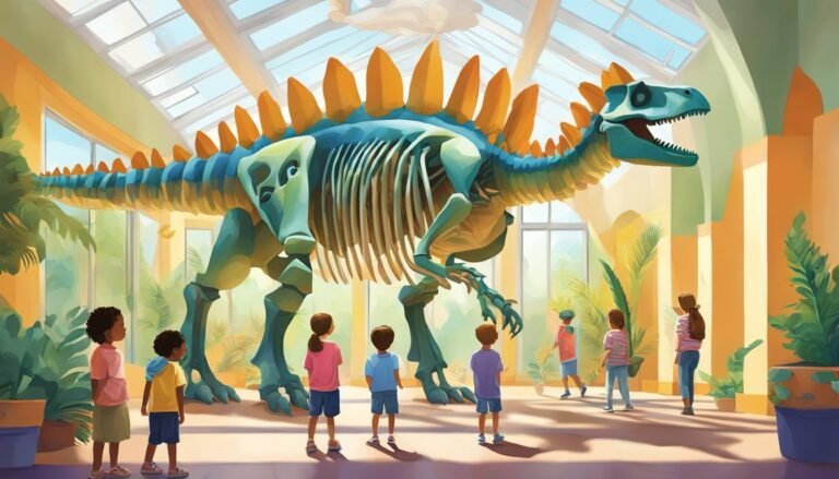 Children looking at a large Stegosaurus skeleton in a museum exhibit