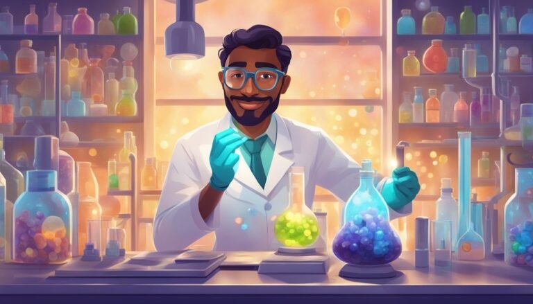Scientist in lab coat with colorful beakers and bottles, smiling at the camera